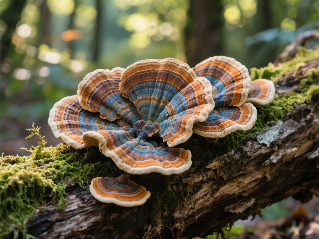 vibrant, detailed close-up of turkey tail mushrooms (Trametes versicolor) growing on a log—with their unique, colorful bands