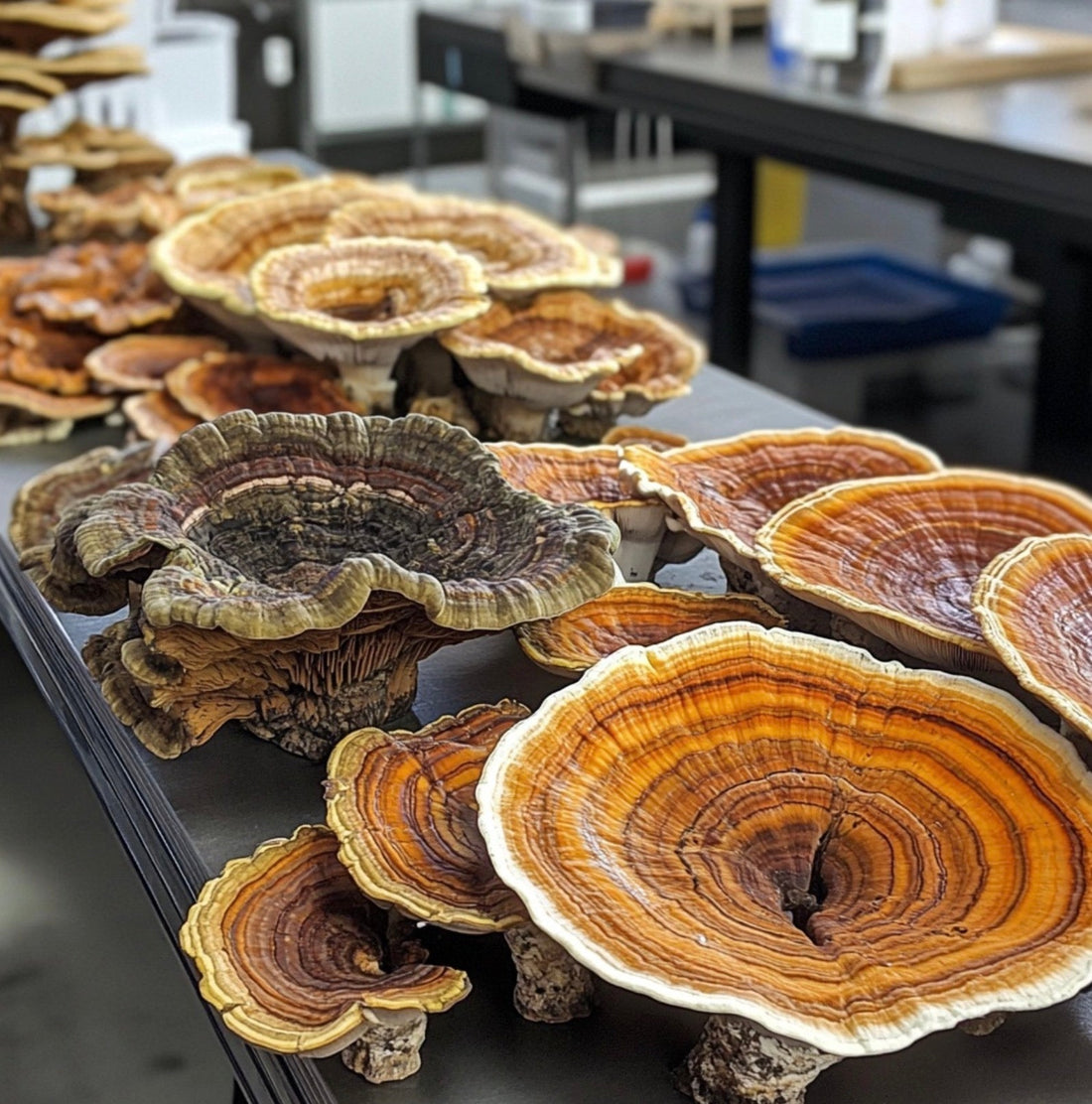 reishi and turkey tail mushrooms on a table