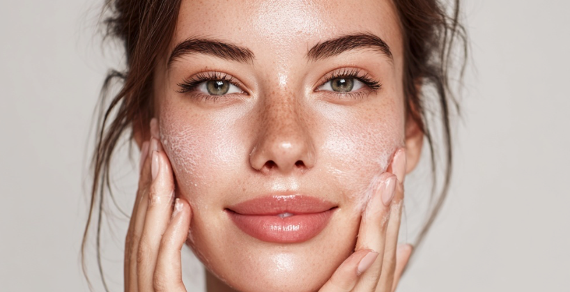 Girl skin care photo. Reishi mushroom extract in hydrating facial cream for anti-aging skincare