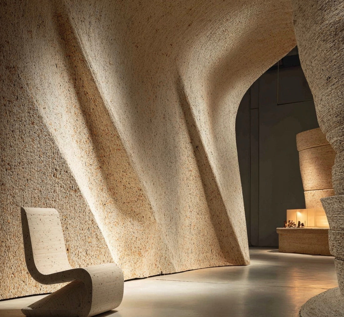 Futuristic interior design showcasing the versatile applications of mycelium technology, including acoustic walls, packaging, and furniture.