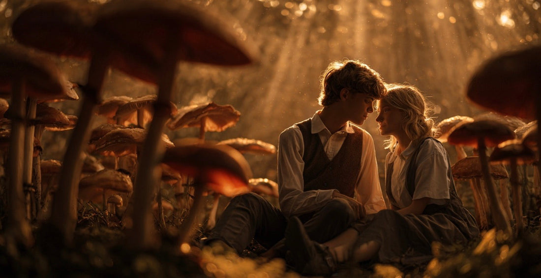 a photoreal image of a happy couple in a mushroom forest at magic hour