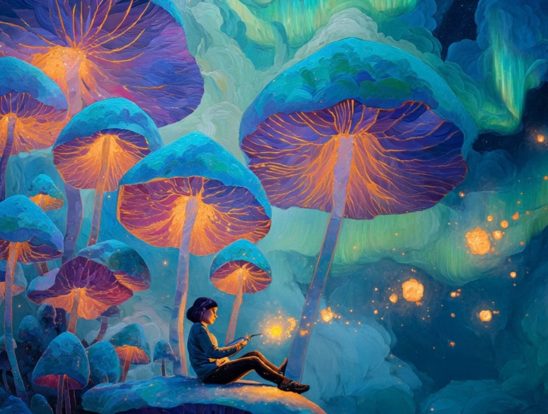 spray paint art of A magical floating island covered in giant glowing mushrooms, their caps shimmering in neon blues, purples, pinks and greens. A beautiful short hair woman with glasses lounges on a mushroom cap, surrounded by floating embers of golden l