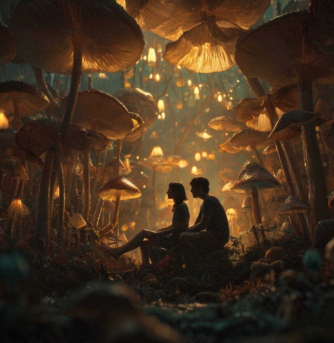 a photoreal image of a happy couple in a mushroom forest at magic hour