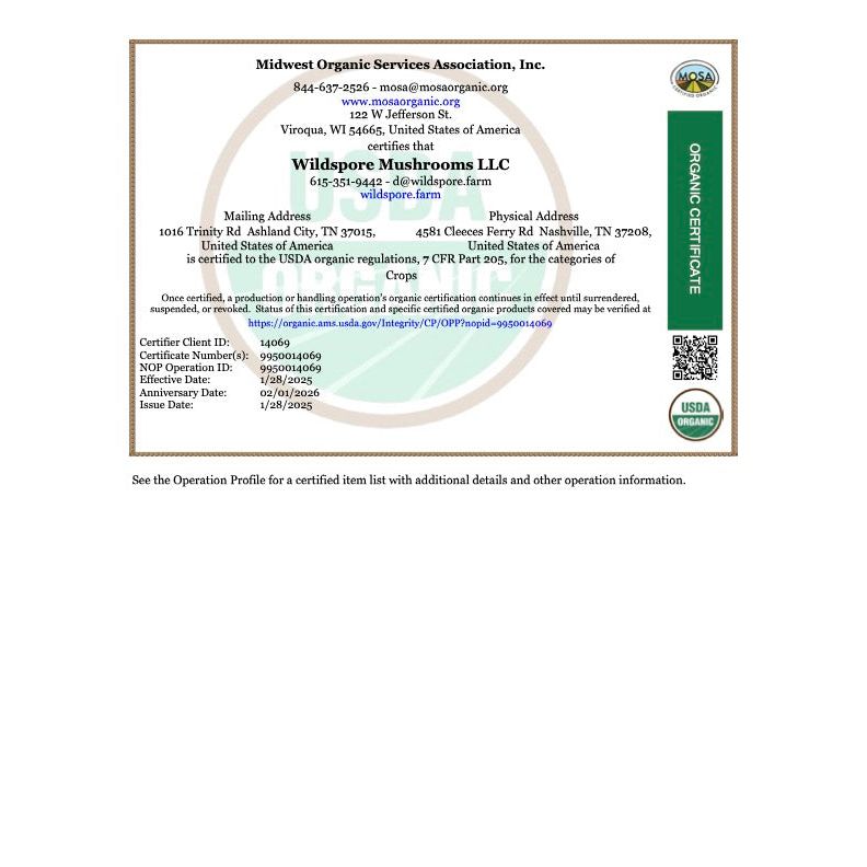 Organic Dried Reishi Mushroom Powder - Certificate
