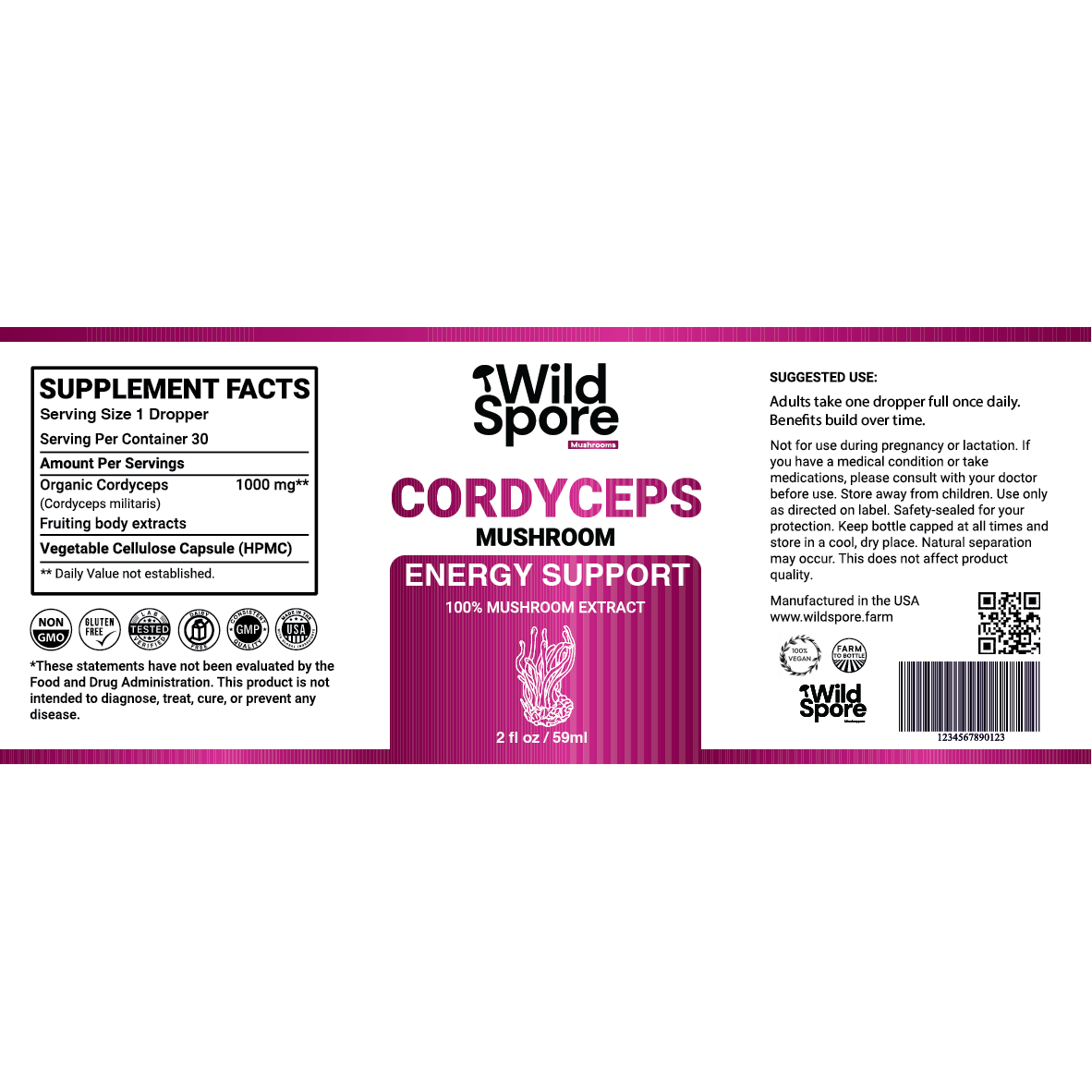 Organic Cordyceps Mushroom Tincture bottle label