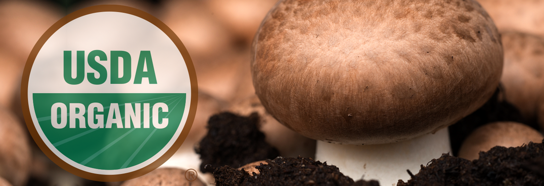 mushrooms with usda organic logo