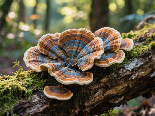 vibrant, detailed close-up of turkey tail mushrooms (Trametes versicolor) growing on a log—with their unique, colorful bands