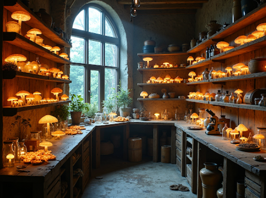 A glowing fungi laboratory where traditional mycology meets modern science, featuring illuminated medicinal mushrooms and research equipment