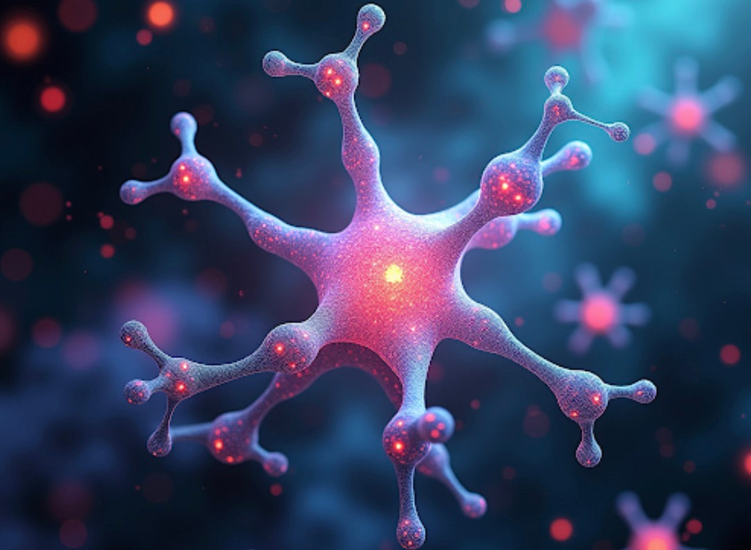 3D molecular visualisation of the 5-HT2A serotonin receptor surrounded by floating psychedelic compound structures amidst glowing neural networks