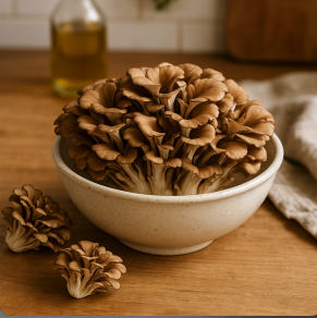 Maitake mushrooms in a bowl on a kitchen table