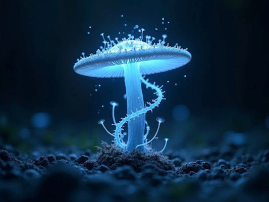Glowing blue mushroom floating in space, surrounded by spiralling DNA strands and ethereal clockwork patterns