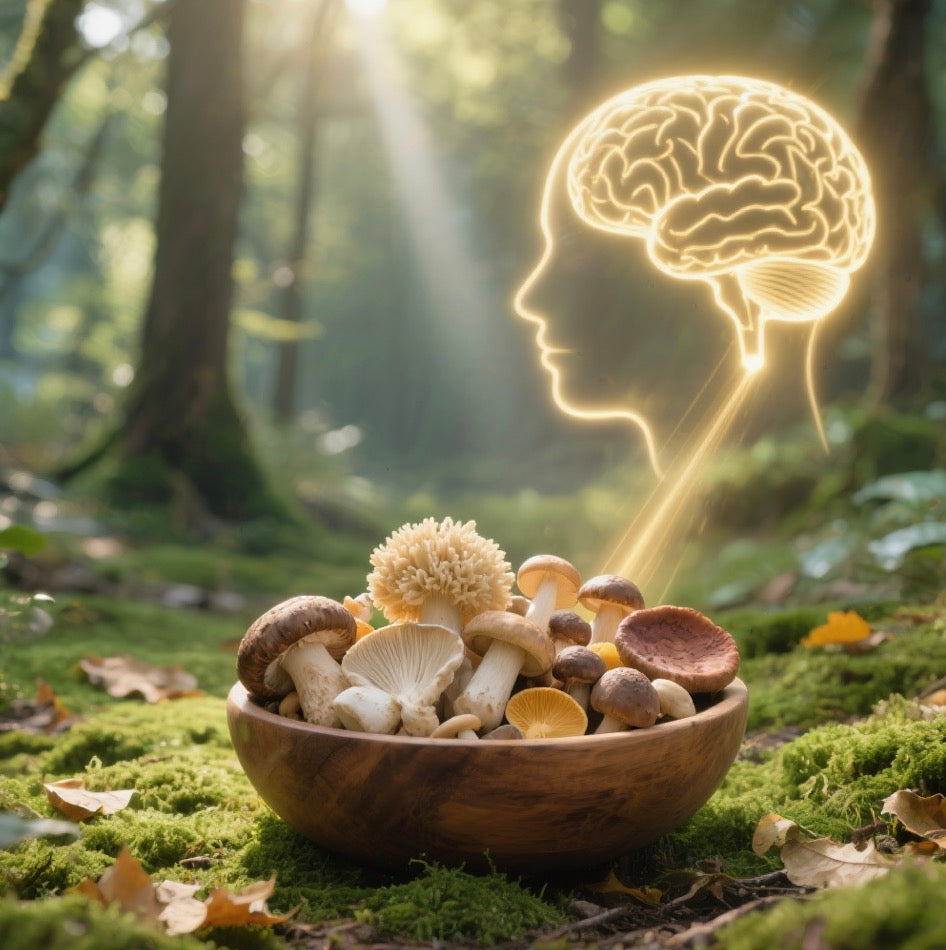 A vibrant, inviting scene featuring a variety of fresh mushrooms (like shiitake, lion’s mane, oyster, and reishi) arranged in a rustic wooden bowl. In the background, a subtle silhouette of a human brain is softly illuminated, with gentle golden light con