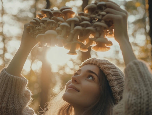 young woman holding shiitake mushrooms in a forest at magic hour