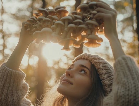 young woman holding shiitake mushrooms in a forest at magic hour