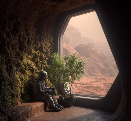 An artist's concept of a finished Martian habitat interior made from glowing, organic-textured myco-architecture walls. An astronaut is inside, tending to a small green plant, showing a symbiotic relationship. The view outside the window shows the red Mar