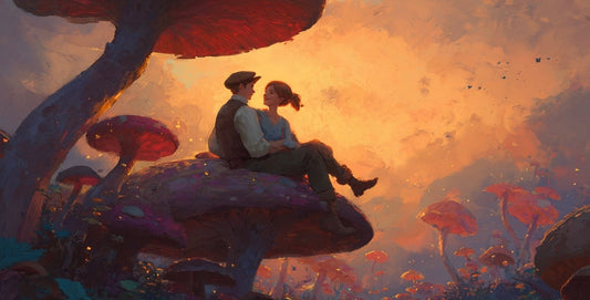 a RETRO STYLE PAINTING of a happy couple sitting on a giant mushroom forest at magic hour