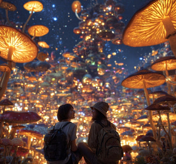 a photoreal image of a happy couple in a mushroom city at night