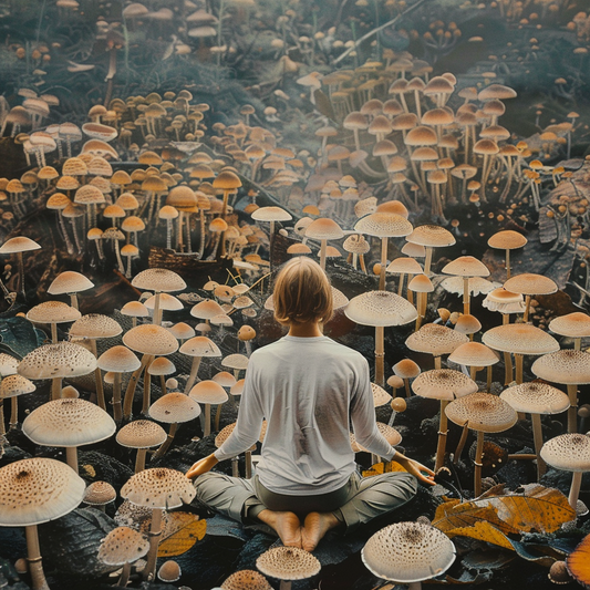 person surrounded by mushroom forest