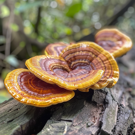 Reishi growing on forest logs