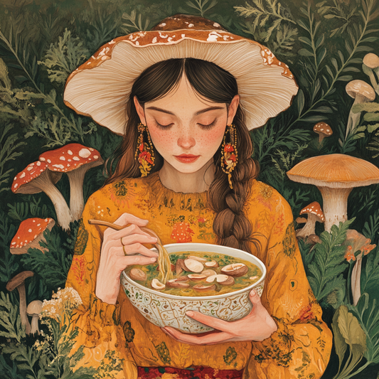 woman eating mushrooms drawing